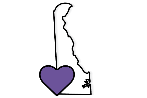 Delaware State outline with purple heart