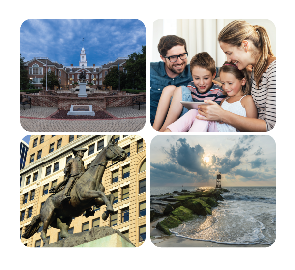 Delaware 4 pictures building, couple watching tablet, statue, ocean