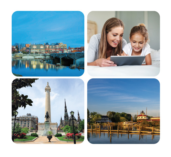 Maryland 4 pictures Frederick Baker Park Water, Mom and Daughter on tablet, statue, Solomons