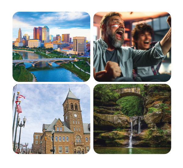 Ohio 4 pictures skyline, man watching tv, building, waterfall