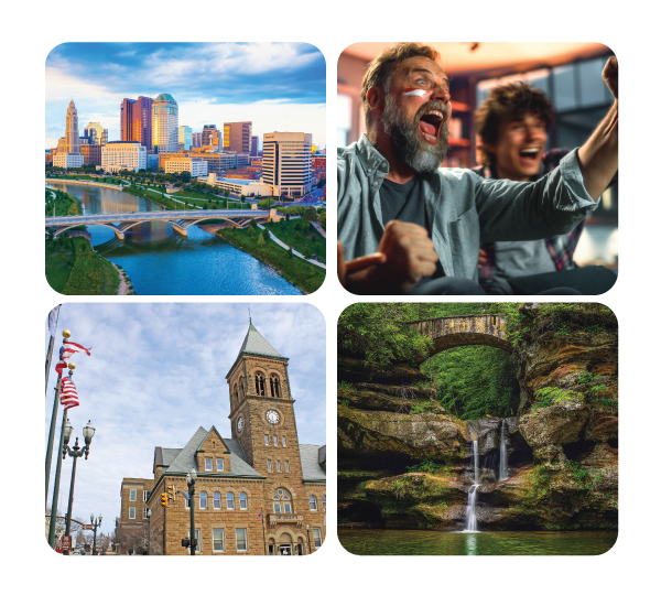 Ohio 4 pictures skyline, man watching tv, building, waterfall