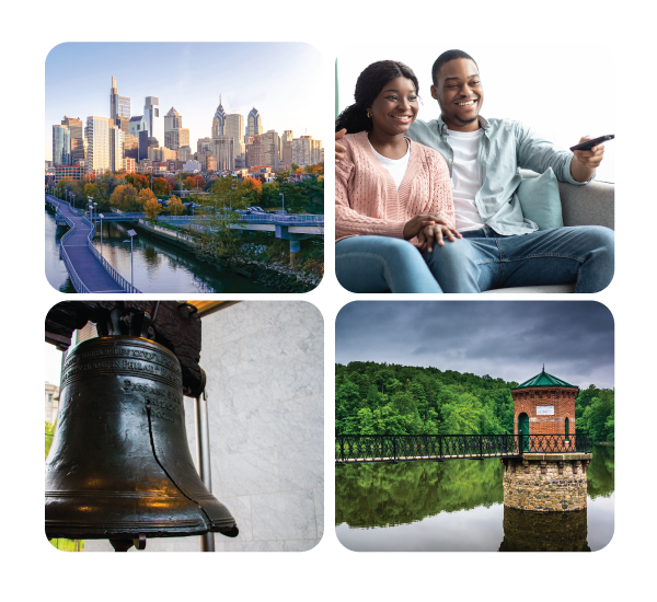 Pennsylvania 4 pictures skyline, couple watching tv, bell, water and bridge