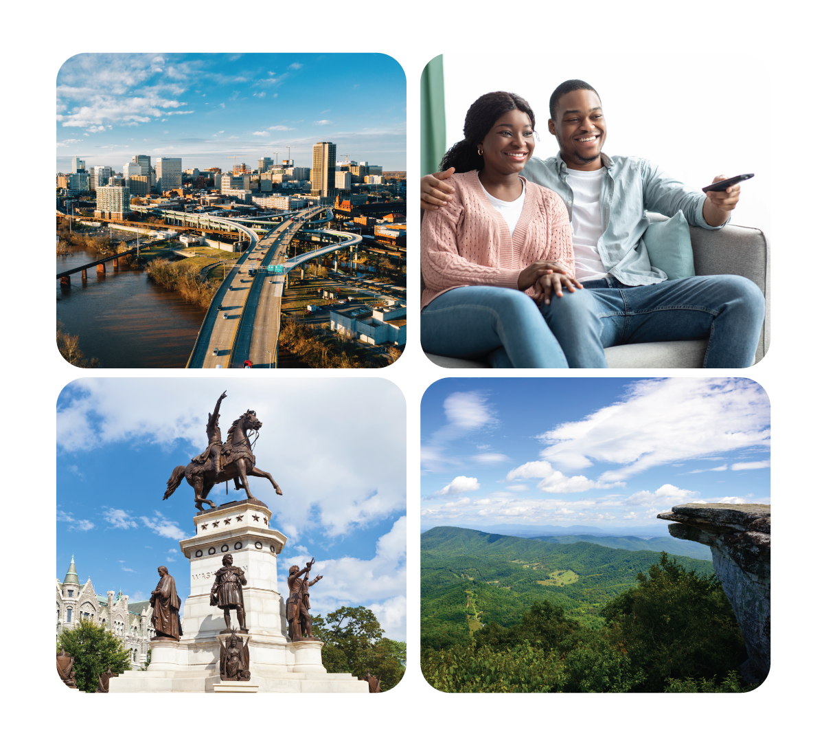 Virginia 4 pictures skyline, couple watching tv, statue, cliff