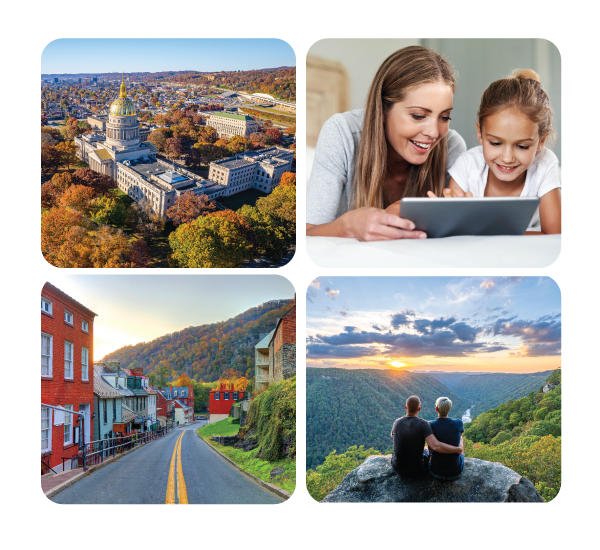 West Virginia 4 pictures building, mom and daughter watching tablet, city street, couple looking at sunset on a cliff