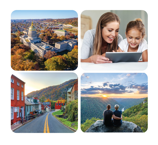 West Virginia 4 pictures building, mom and daughter watching tablet, city street, couple looking at sunset on a cliff